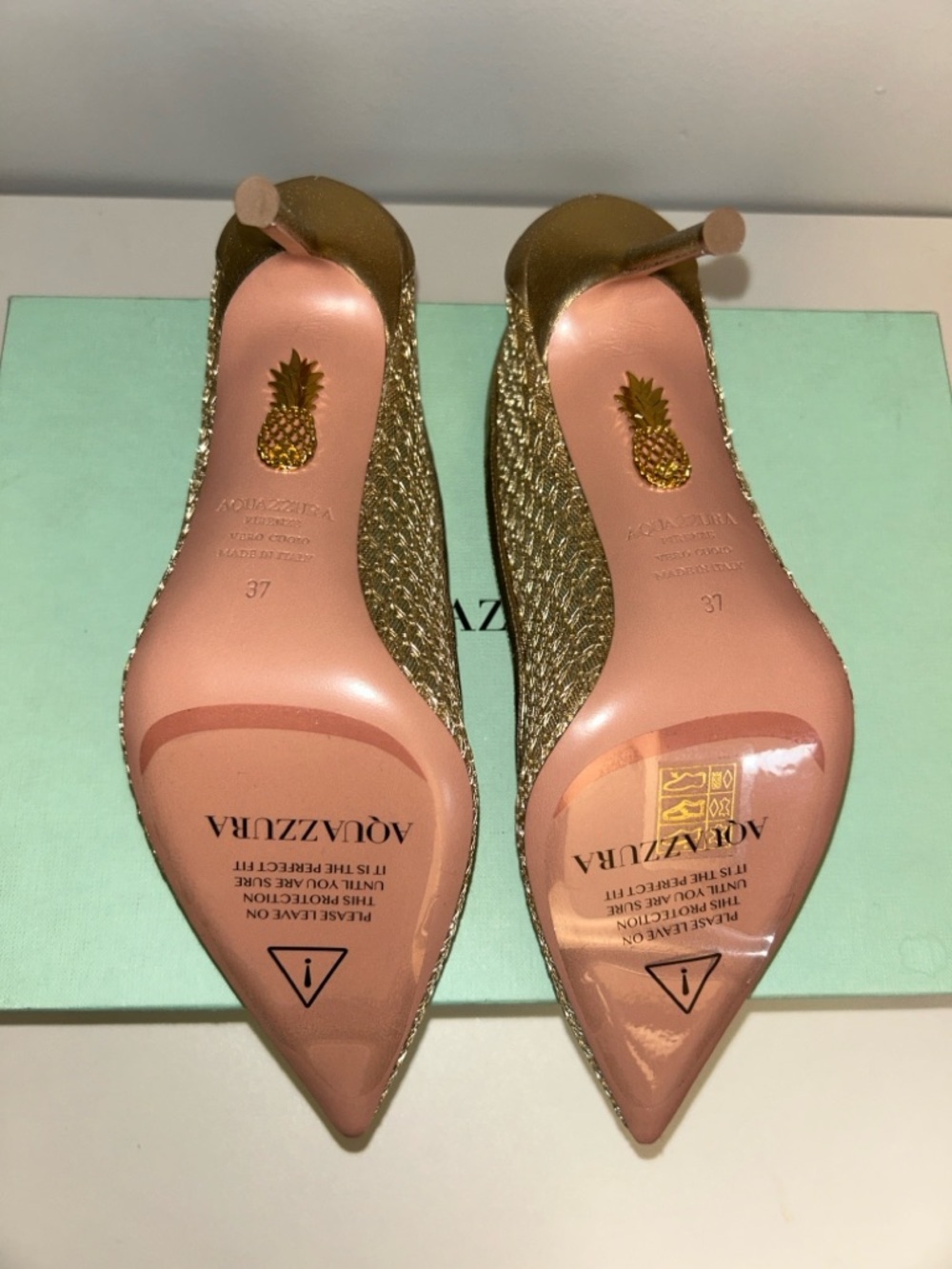 Aquazzura Asha Mesh Pump 85 Metallic Gold Pointed Toe AUTHENTIC - Picture 7 of 11